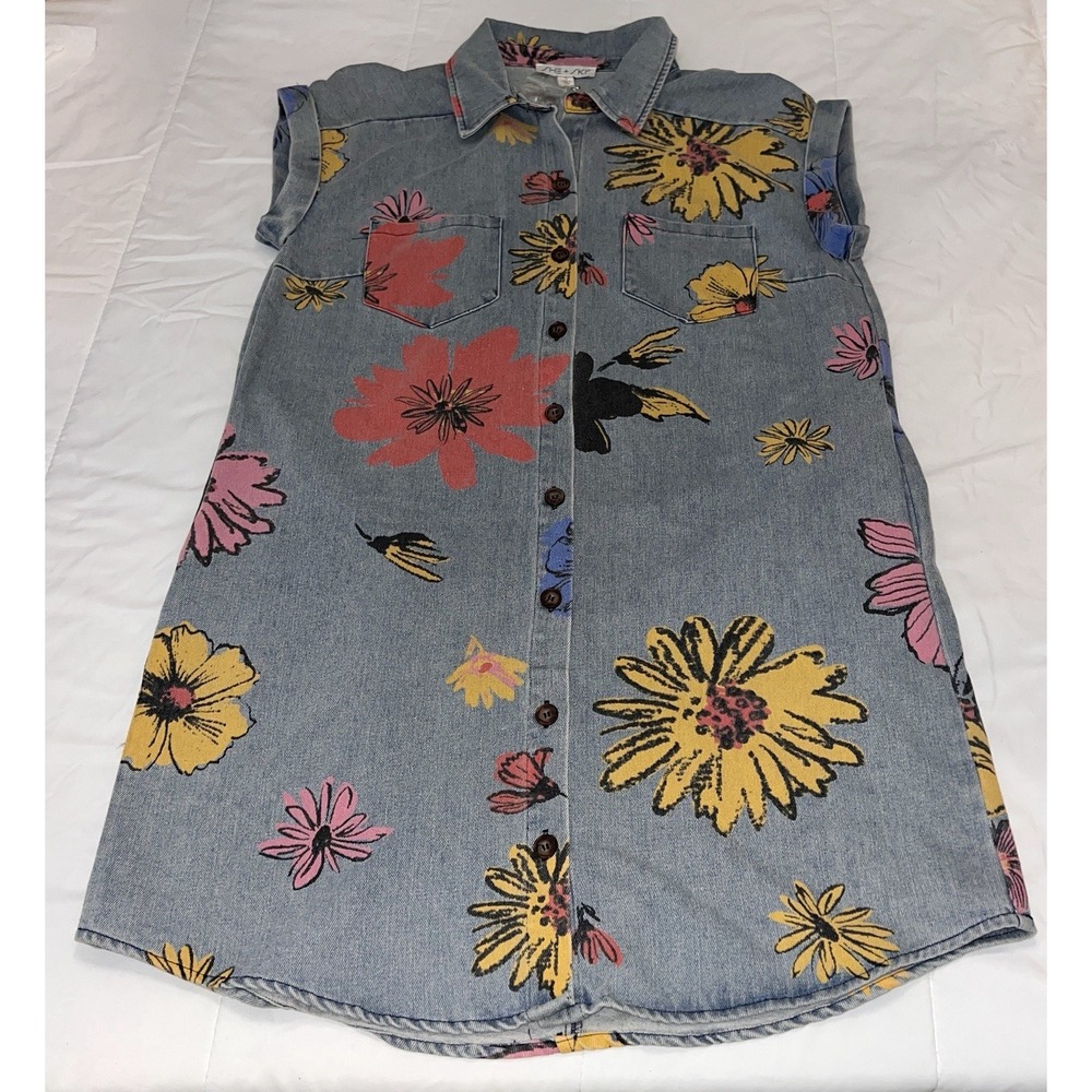 NWT She + Sky Sleeveless Denim Floral Print Button Down Tunic Boho Dress
